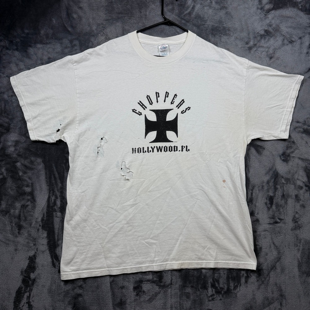 Delta T-Shirt Mens 2XL White Choppers Hollywood FL Biker Iron Cross Distressed